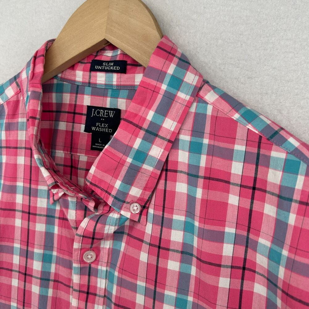 J.CREW Shirt Mens L Flex Washed Slim Untucked Button Up Plaid Cotton Blend Pink